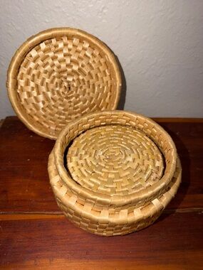Vintage Rattan Coasters with Basket